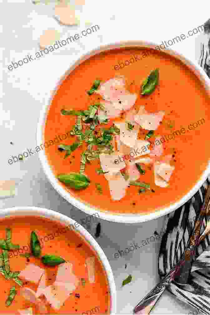 A Bowl Of Creamy Tomato Soup Garnished With Fresh Basil, A Drizzle Of Olive Oil, And A Sprinkle Of Parmesan Cheese Learn The Art Of Cooking Soup: 80 Cozy Recipes For Creative Plant Based Soups And Stews To Share